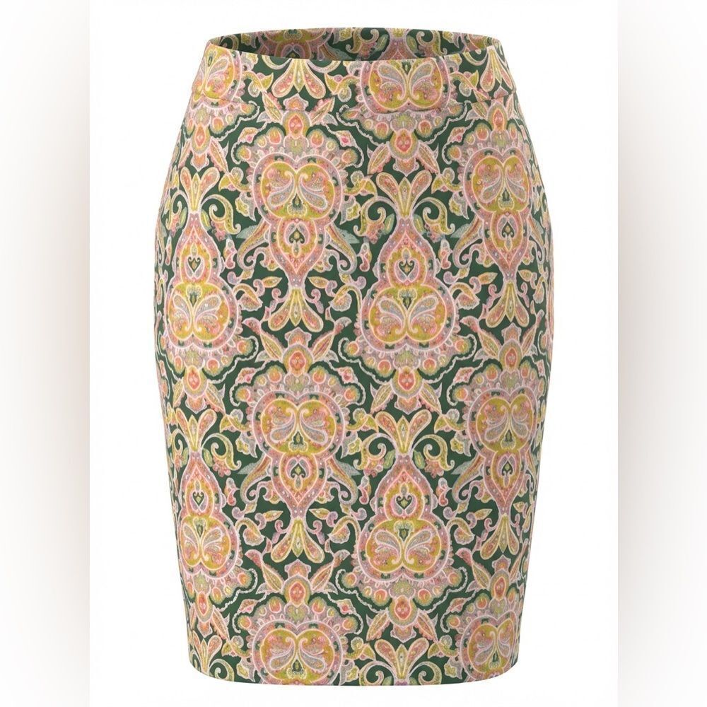 JCREW WOMENS NEW PENCIL SKIRT SIZE 2 GREEN ORANGE PAISLEY LIKE DESIGN